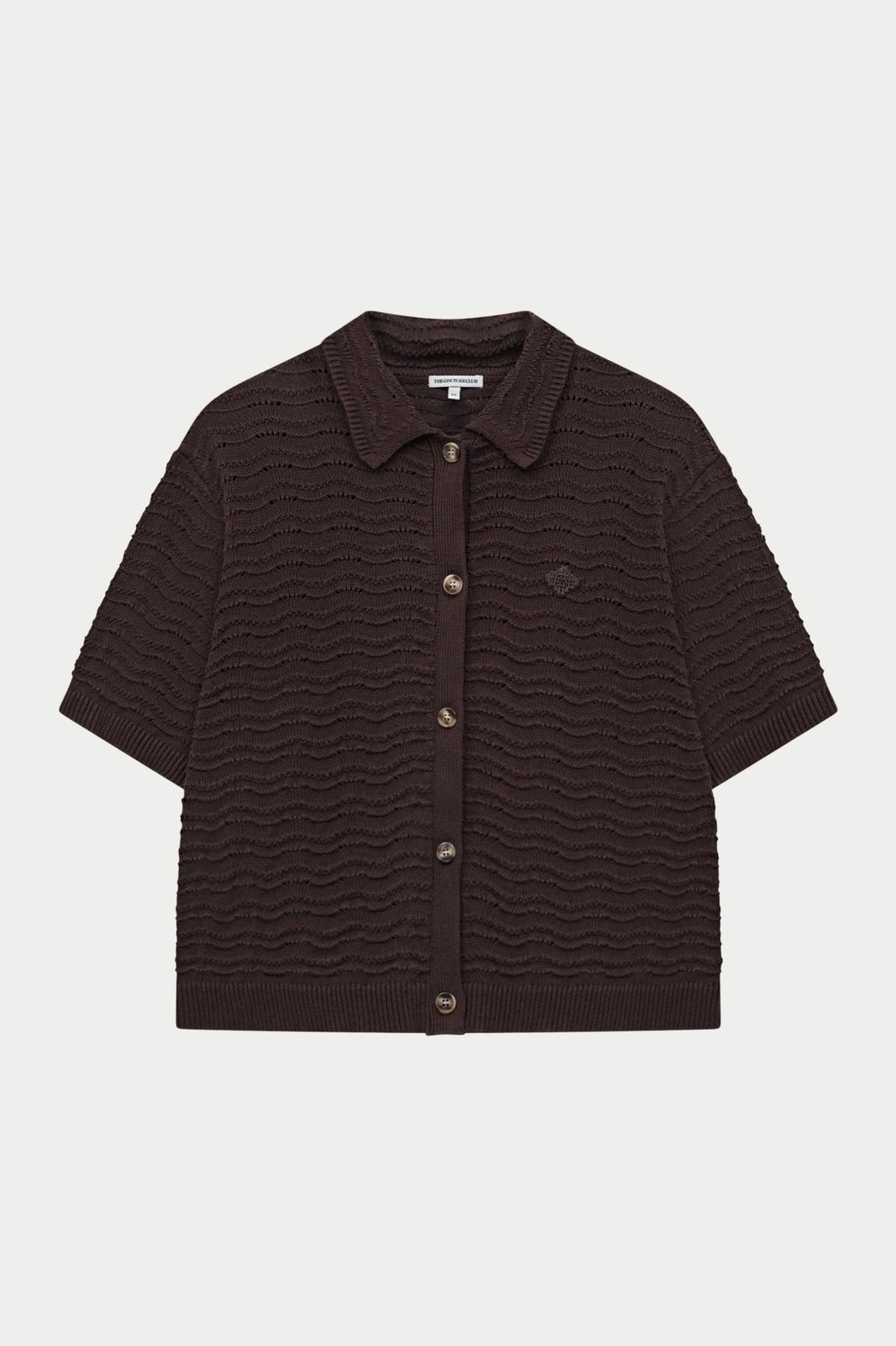 CROCHET KNIT SHORT SLEEVE SHIRT - BROWN