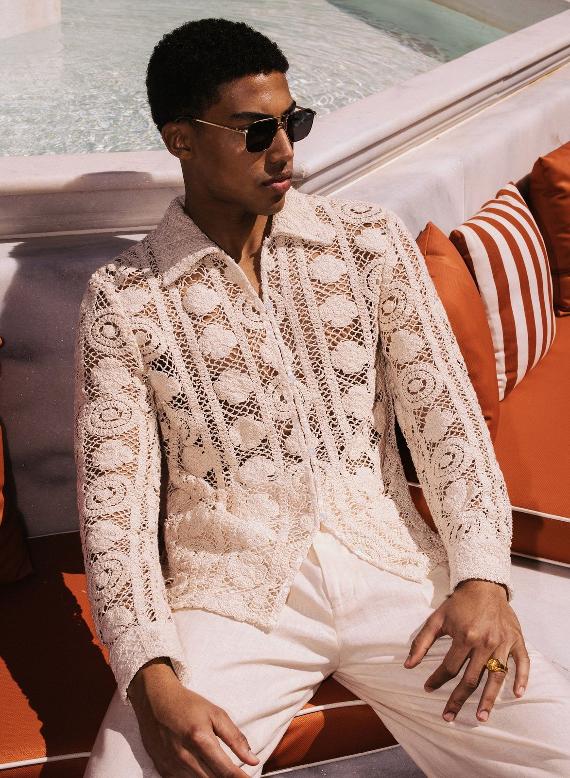 Off-White Long Sleeve Circular Crochet Shirt