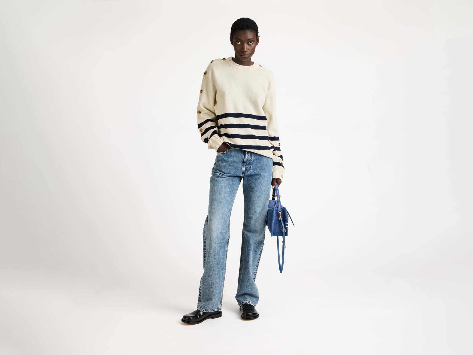 WOMENS BUTTONED SLEEVE BRETON JUMPER IN IVORY