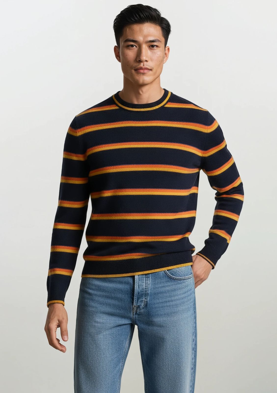 Crew Neck Sweater in Striped Navy Blue Mix
