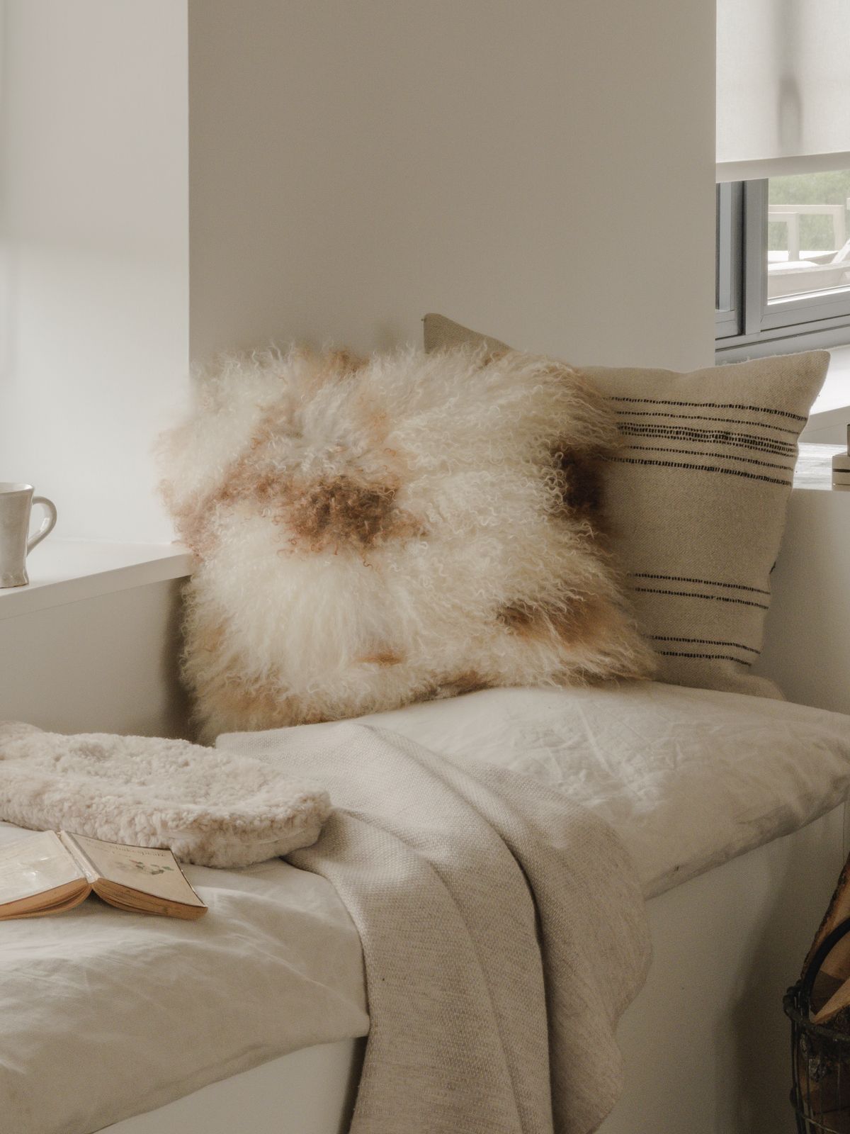 Tibetan Sheepskin Cushion - White & Brown