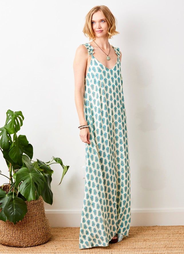 Geranium Print Crepe Maxi Dress With Frill Straps