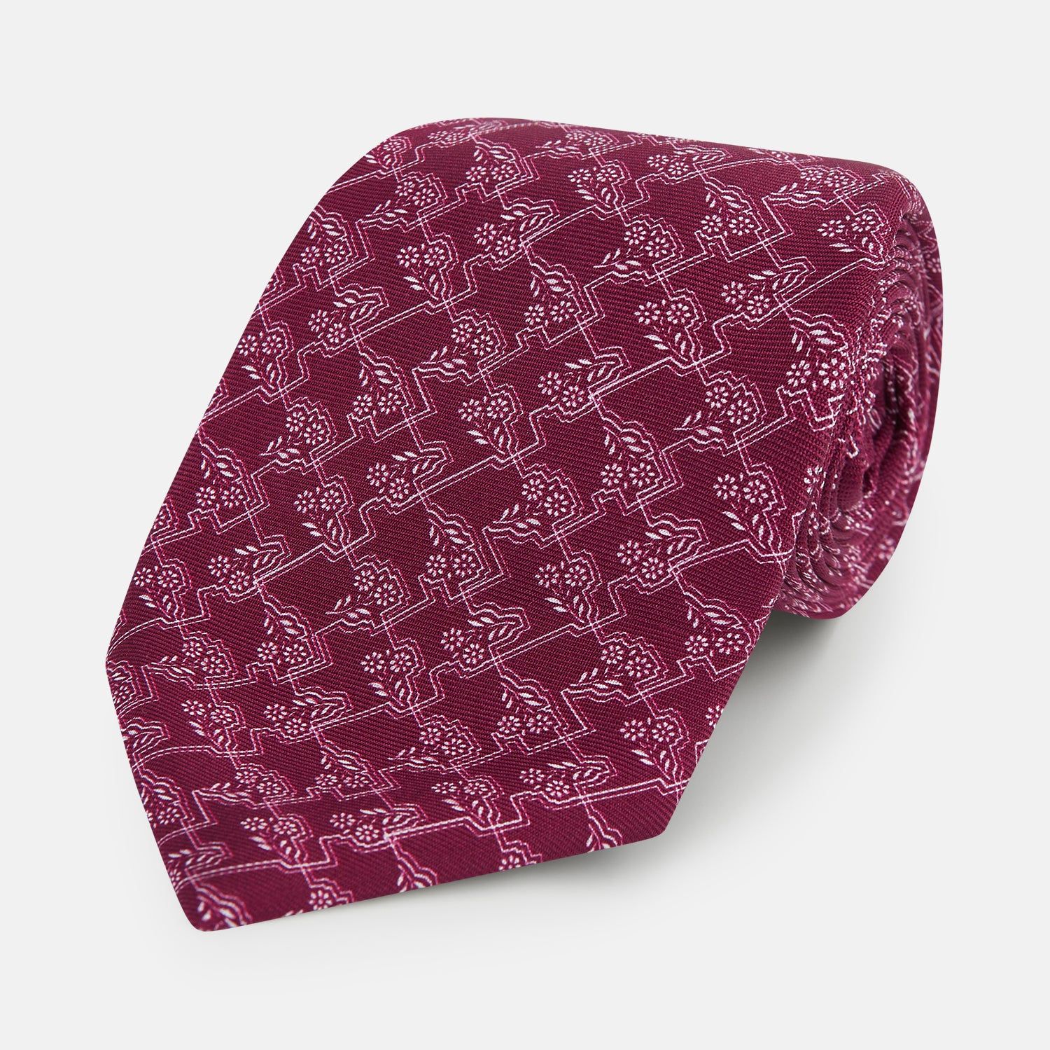 Burgundy Floral Jigsaw Printed Silk Tie