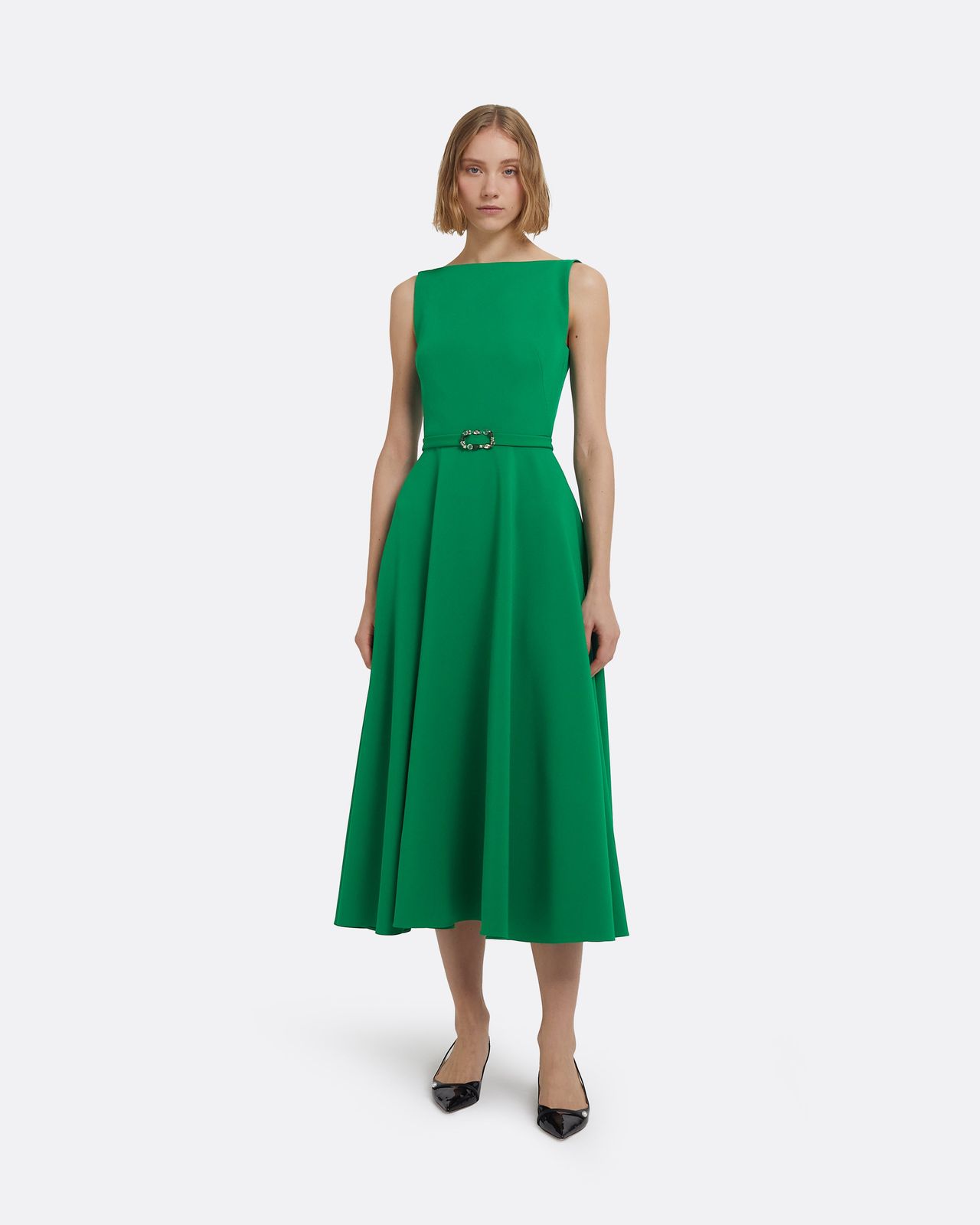 Ginny Midi Dress in Jewel Green with Embellished Belt