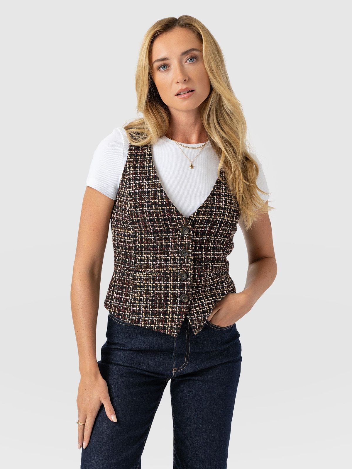 Astrid Waistcoat - Black/Burgundy/Gold Boucle