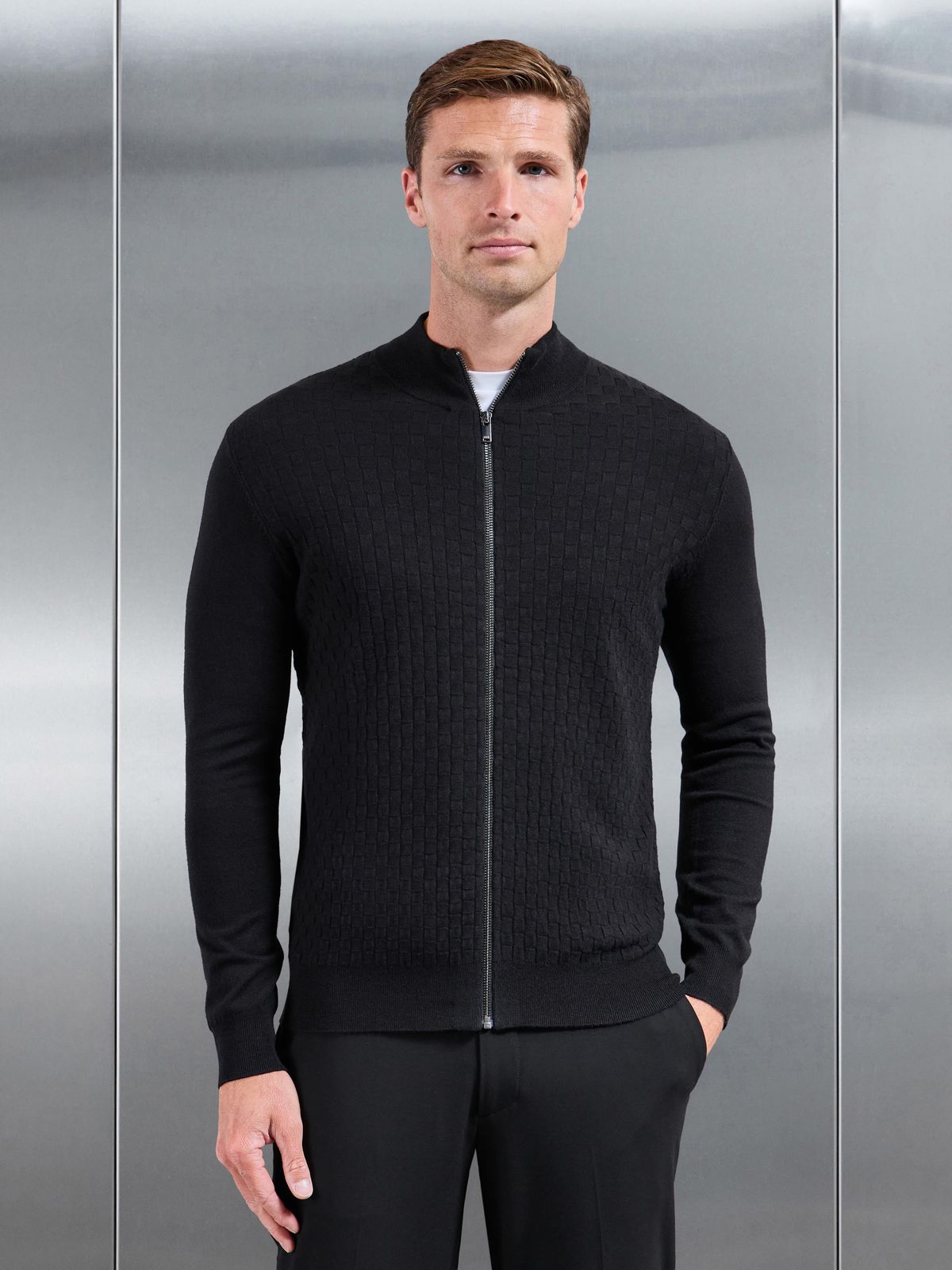 Square Textured Knitted Zip Jacket in Black