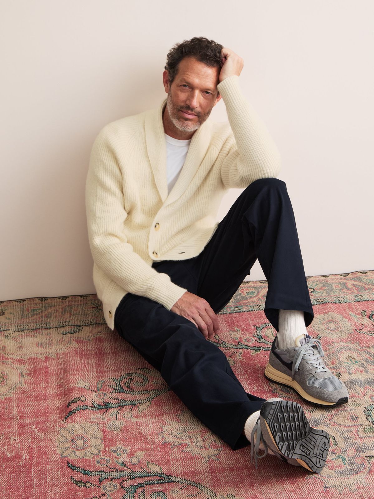 Arthur Wool Cashmere Ribbed Shawl Collar Cardigan Cream