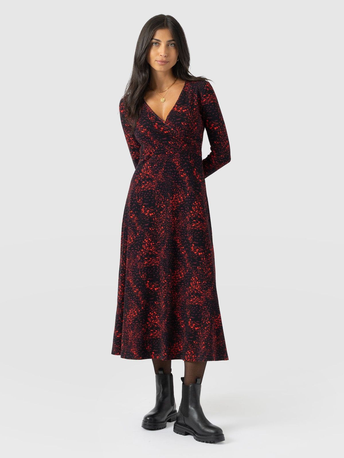 Maggie Wrap Midi Dress - Red Fade Spot