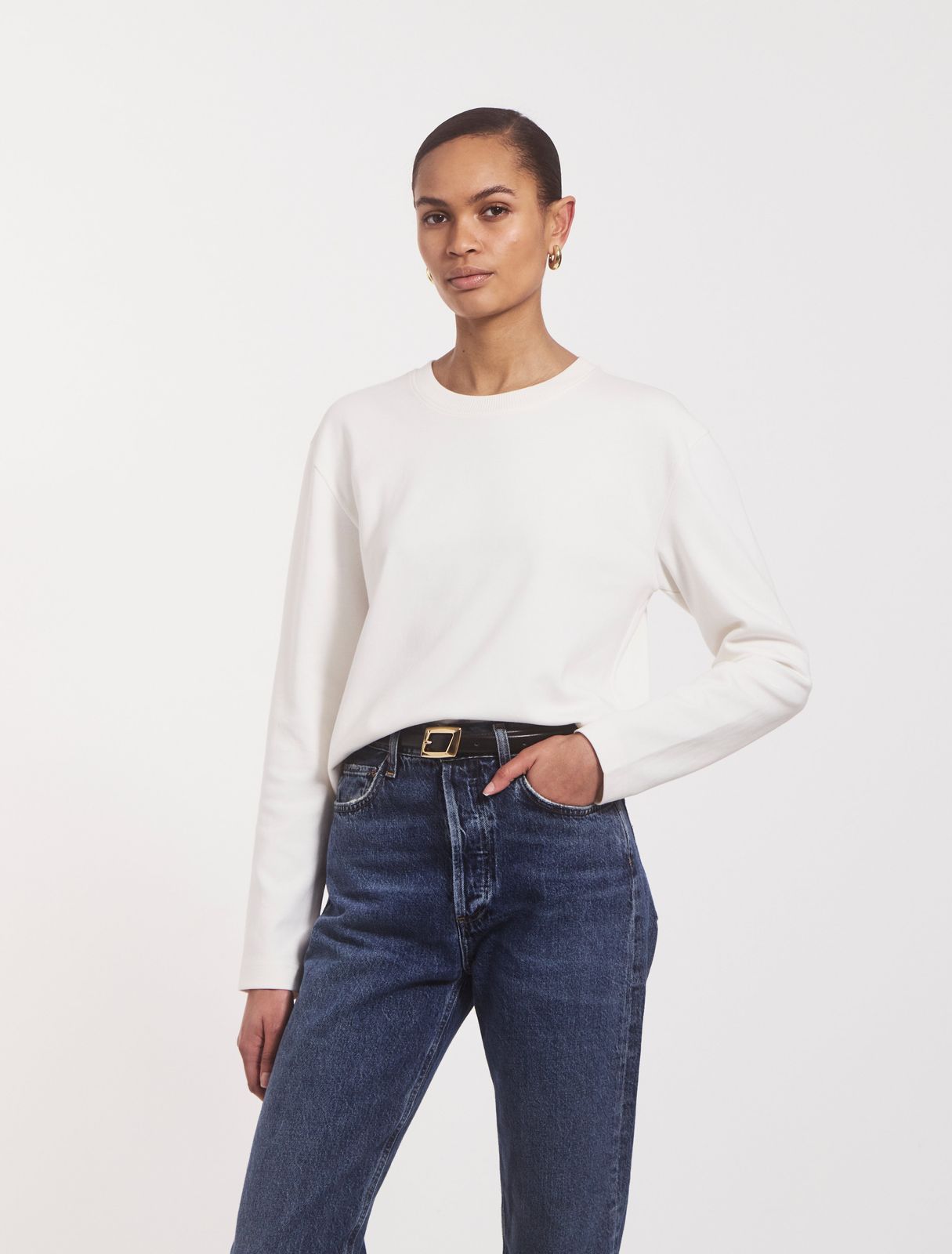 Compact Cotton Long Sleeve T-Shirt in Off White