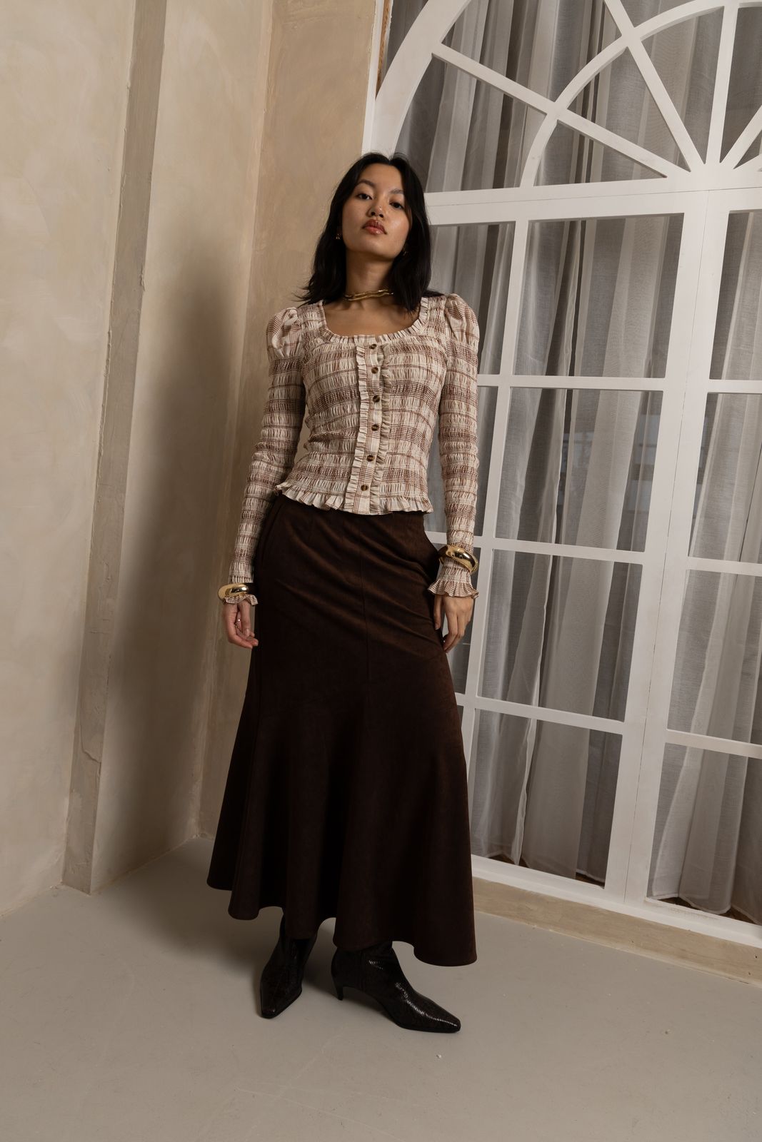 Suki Faux Suede Chiffon Asymmetric Maxi Skirt