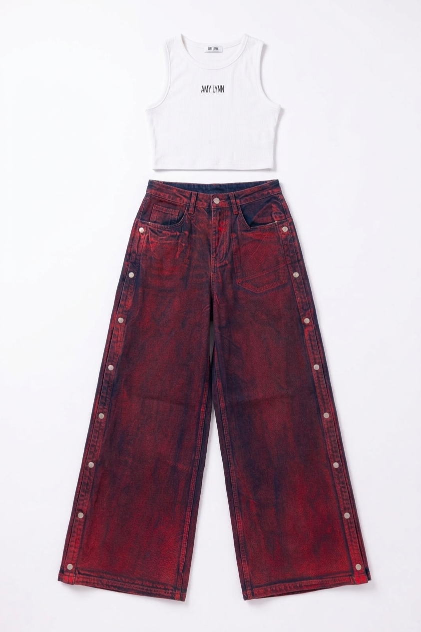 Wren Pure Cotton Red Foil Coated Denim Trousers