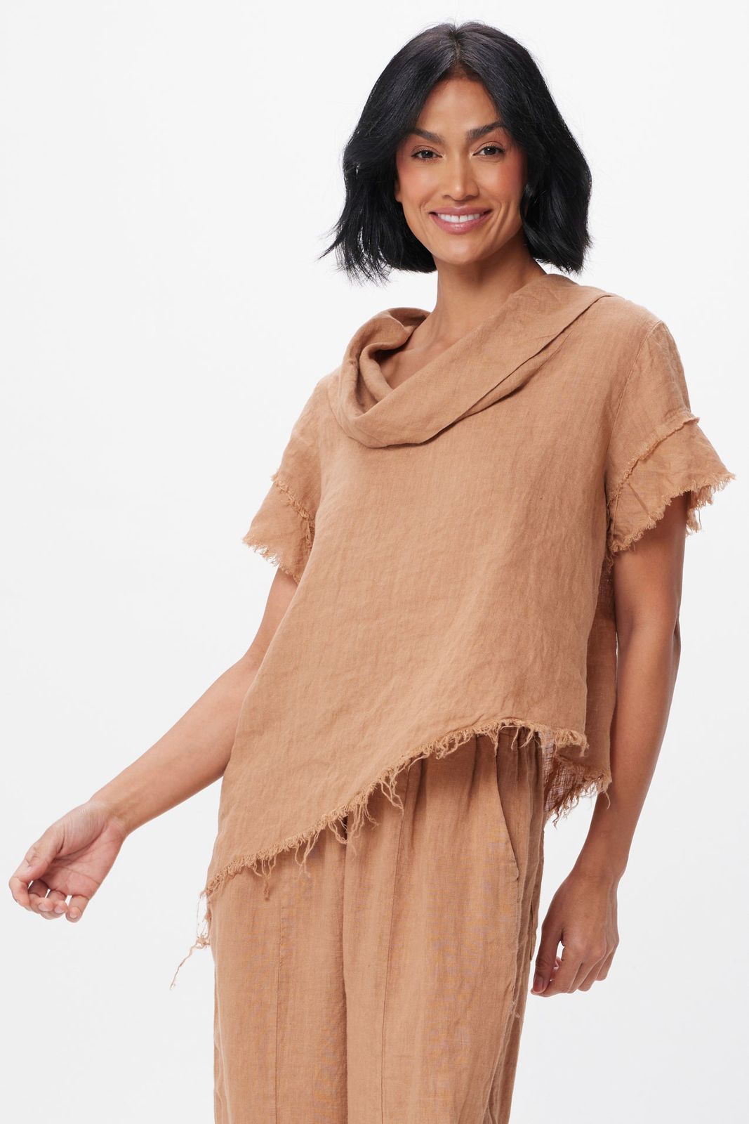 Sola Linen Cowl Neck Fringed Asymetric Top