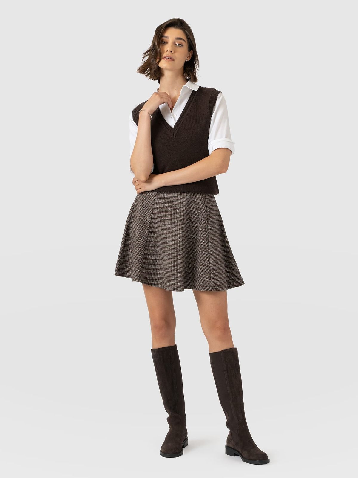 Macie Mini Skirt - Beige/Burgundy Check