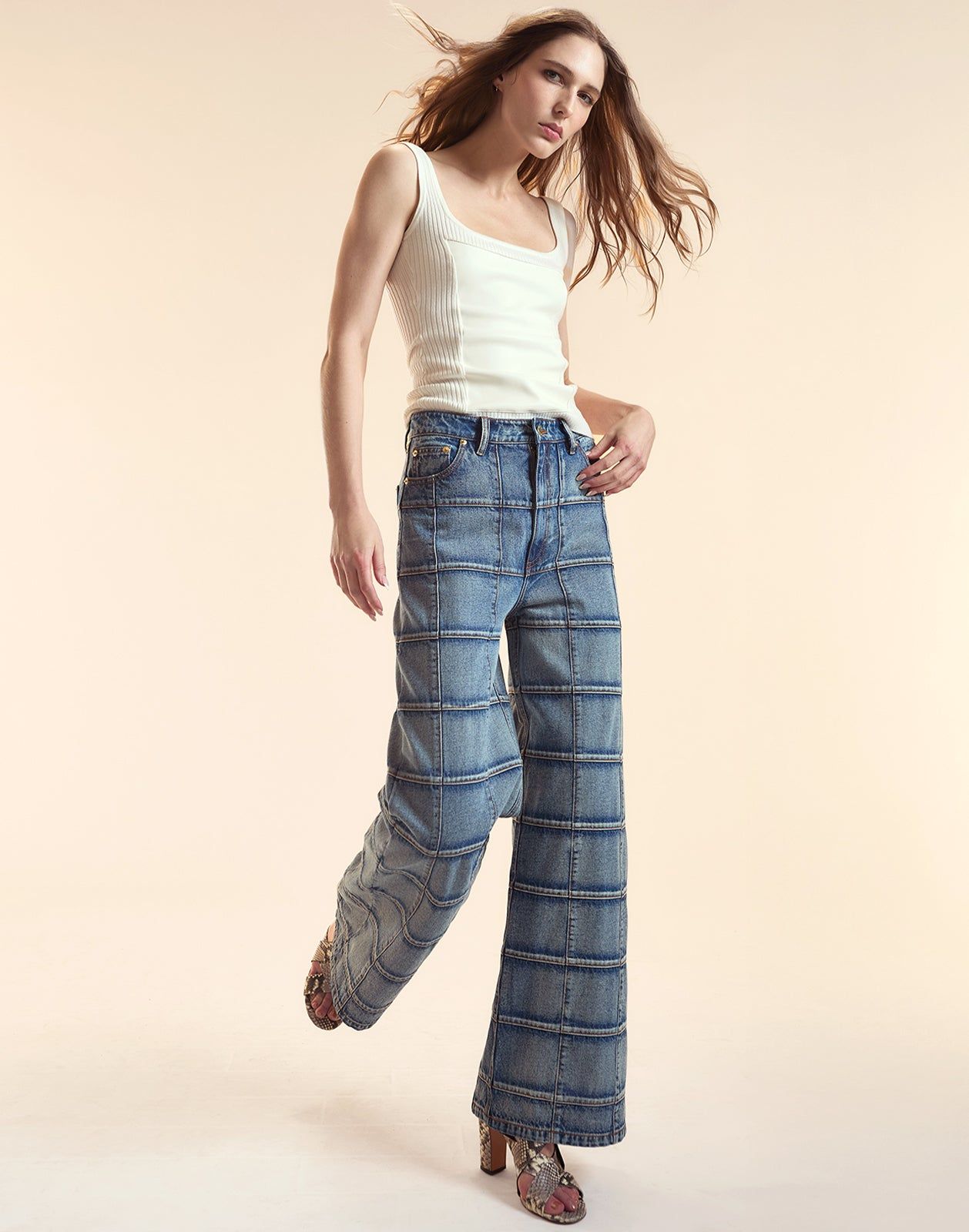Windowpane Wide-Leg Jeans