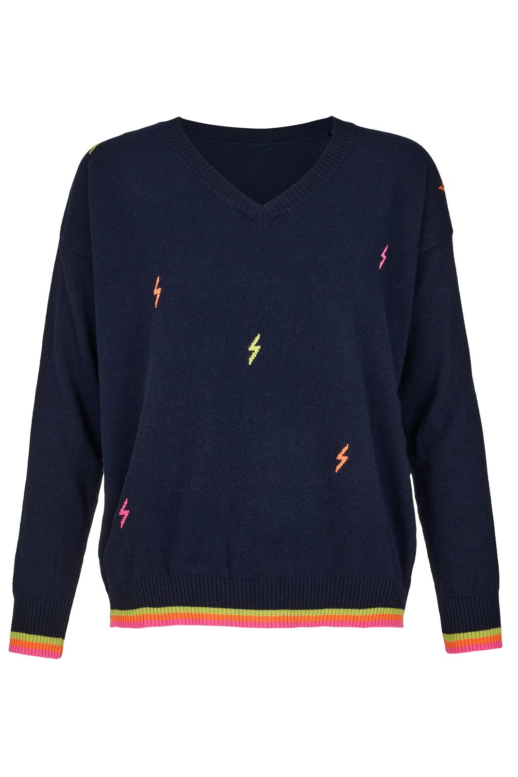 Cashmere Mix Sweater in Navy with Multi Lightning & Stripes