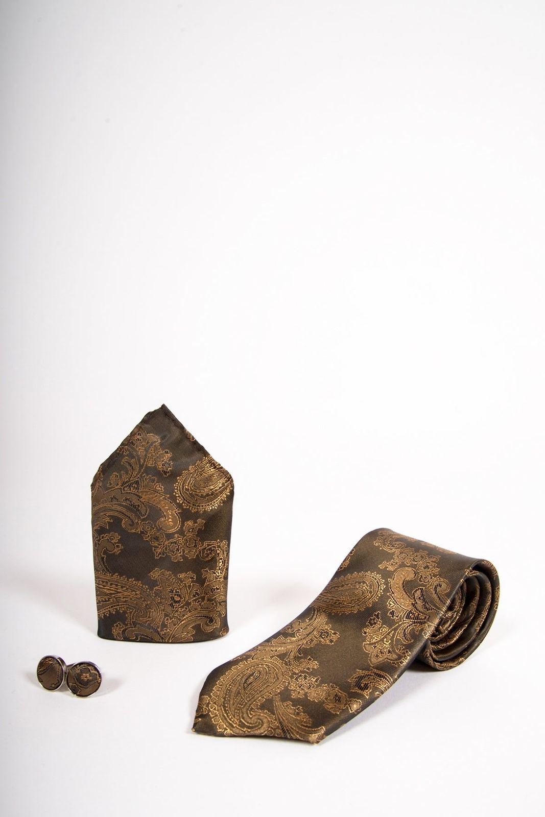 Gold Tan Paisley Print Tie set- Tie, pock square, cufflinks.