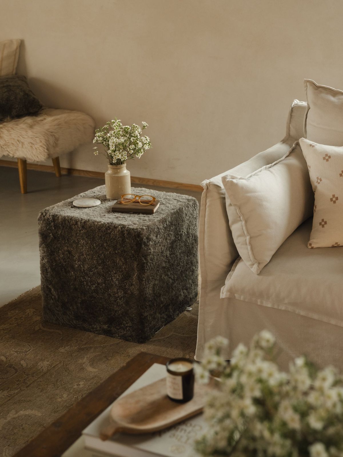 Square Shearling Pouffe - Mist
