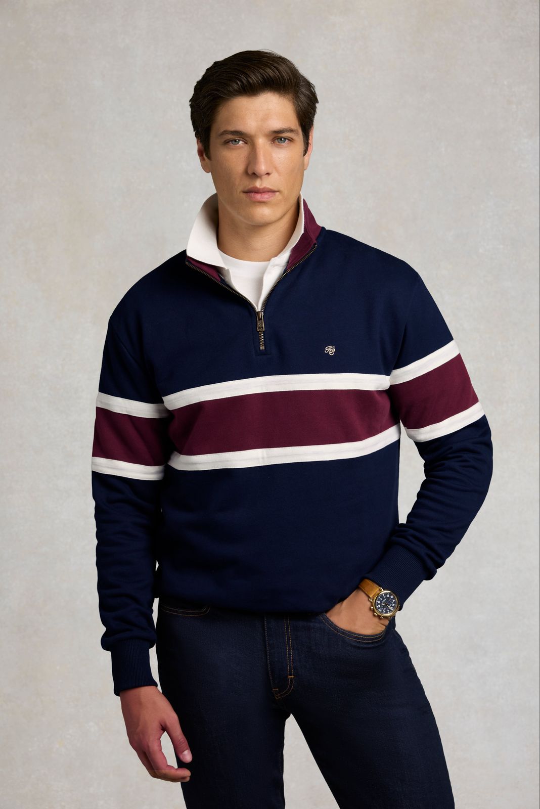 Men's Colour Block Quarter Zip Sweat (Ink Navy)