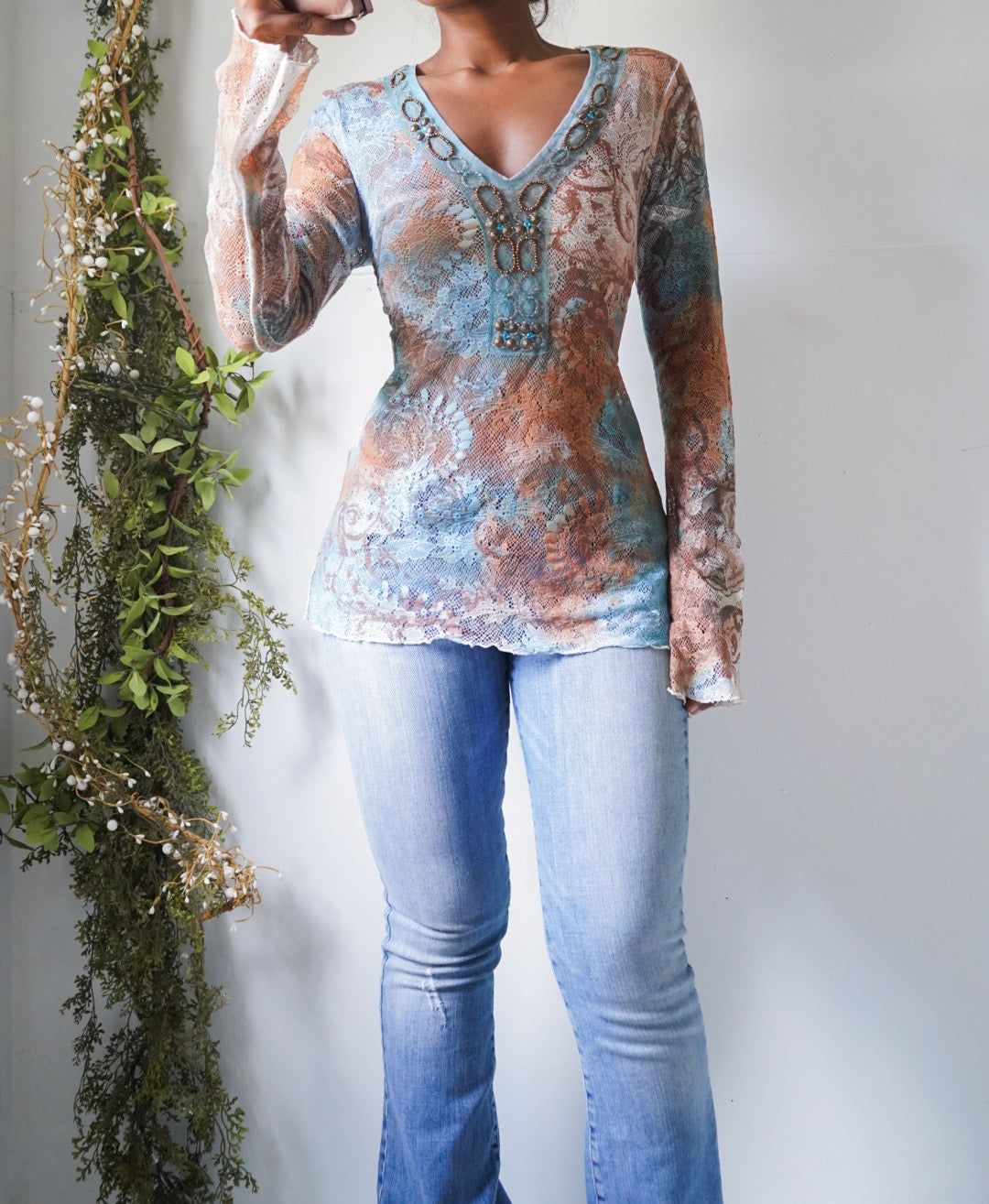 Vintage Y2K Boho Lace Net Beaded Neckline Top