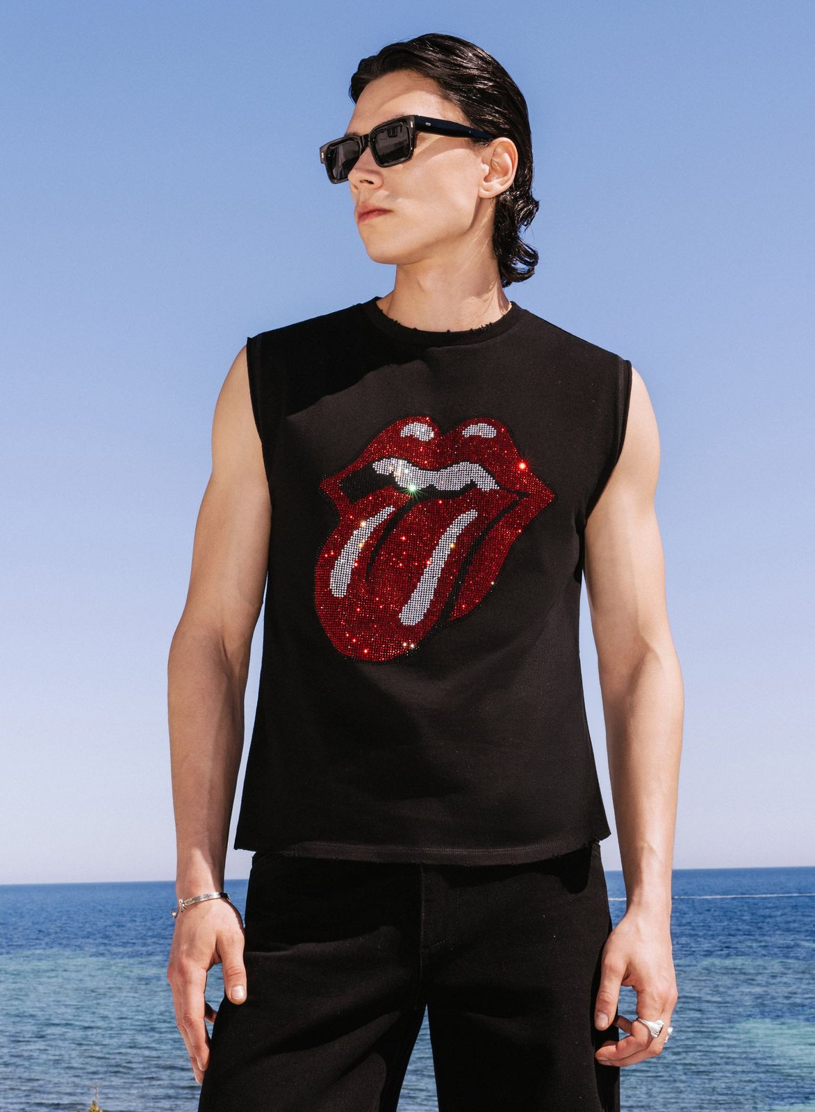 Phix X Rolling Stones Black Sleeveless Rhinestone Tshirt