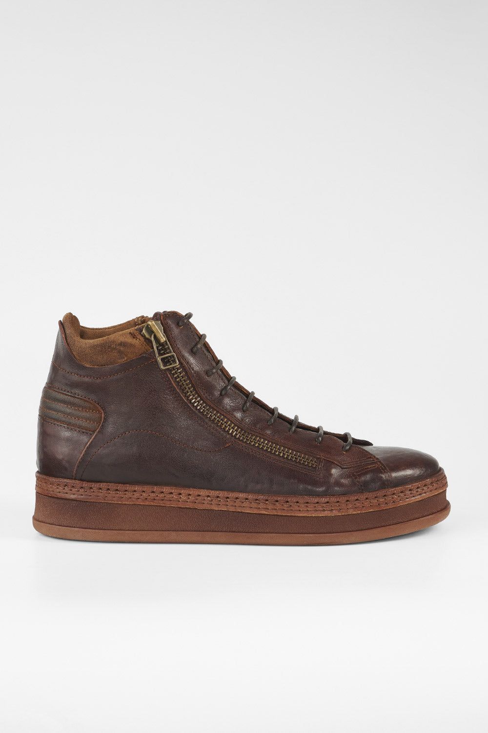 COLE cognac welted double-zip high sneakers.