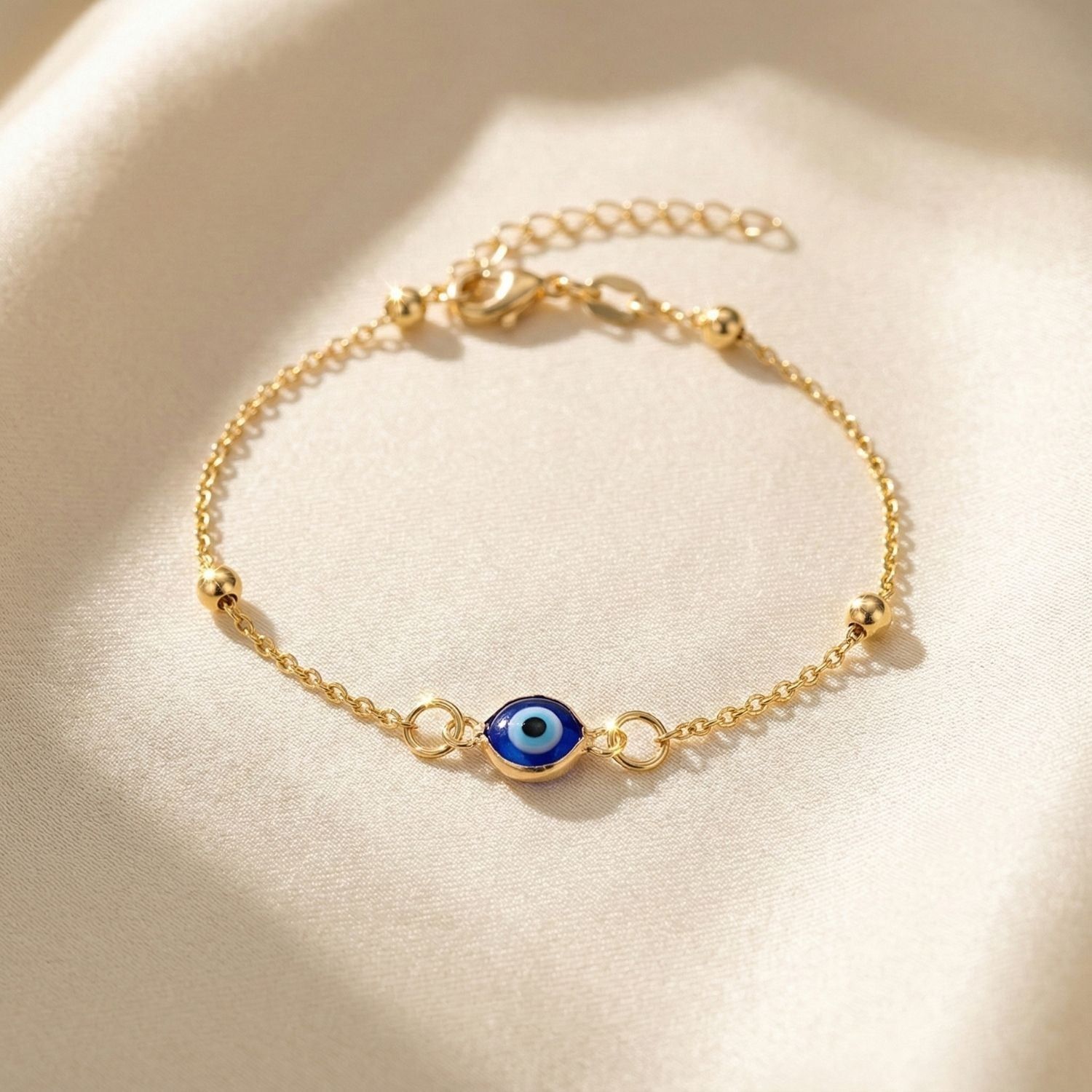 Gold Plated Beaded Blue Evil Eye Protection Bracelet