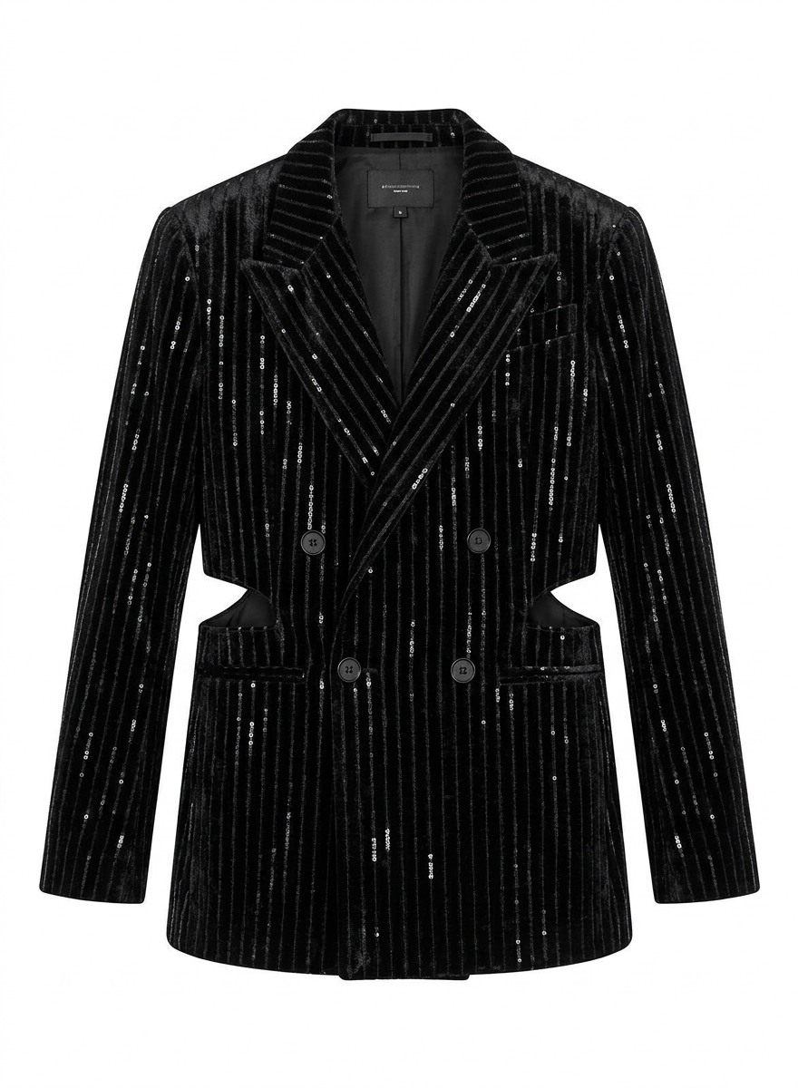 Black Pinstripe Double Breasted Velvet Blazer