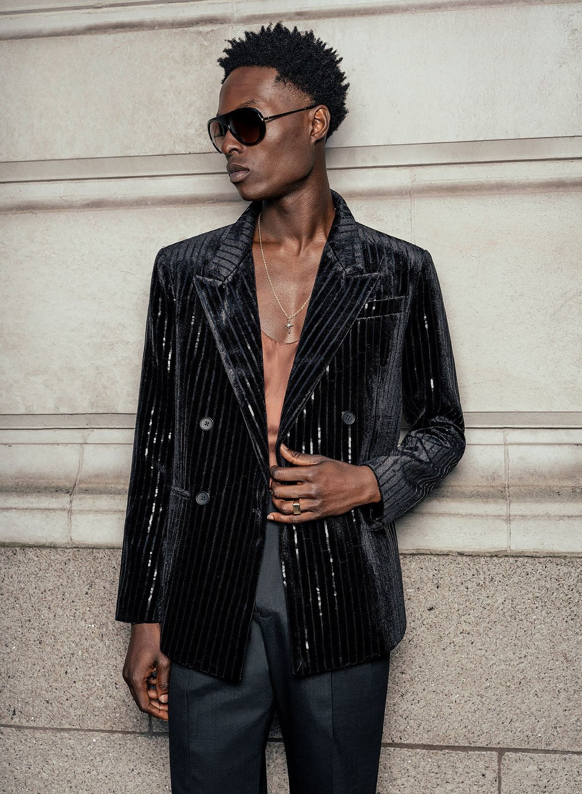 Black Pinstripe Double Breasted Velvet Blazer