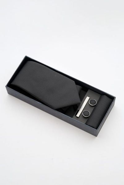 Black Textured Tie Set with Tie Bar &amp; Cufflinks