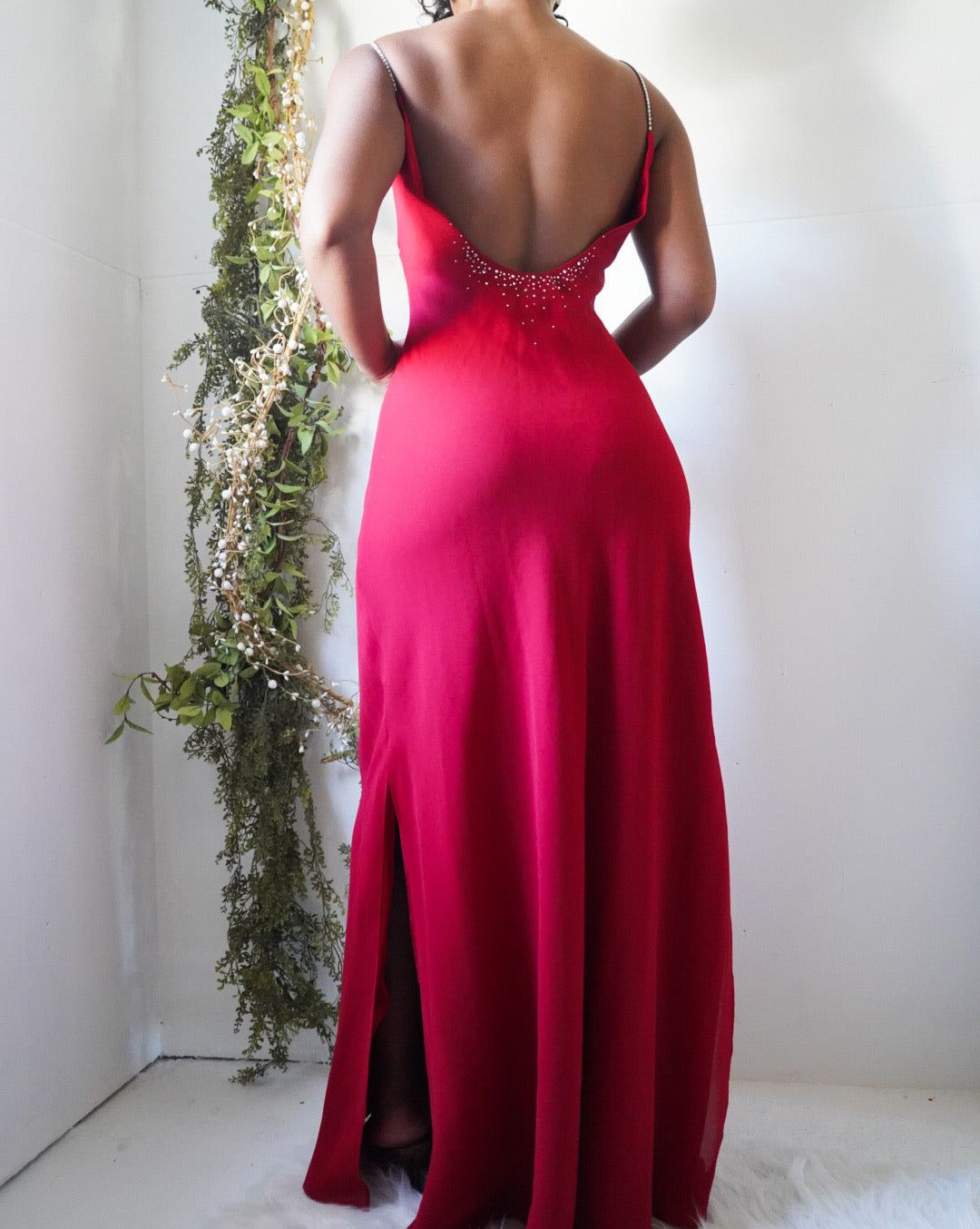 Y2K Red Rhinestone Detail Low Back Back Gown