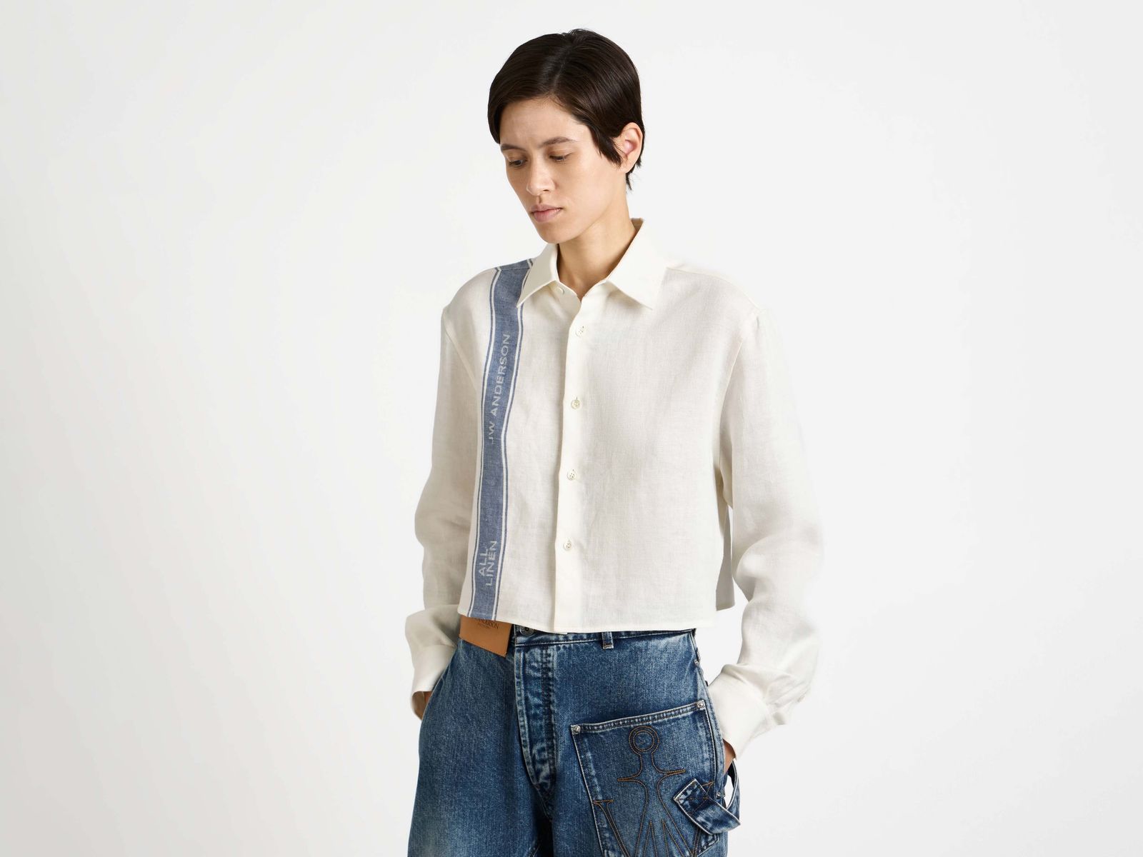 WOMENS CROPPED SHIRT IN OFF WHITE & BLUE