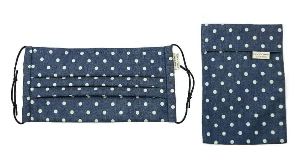 Pleated Cotton Face Mask with Nose Wire and Matching Pouch - Blue Denim Polka Dot