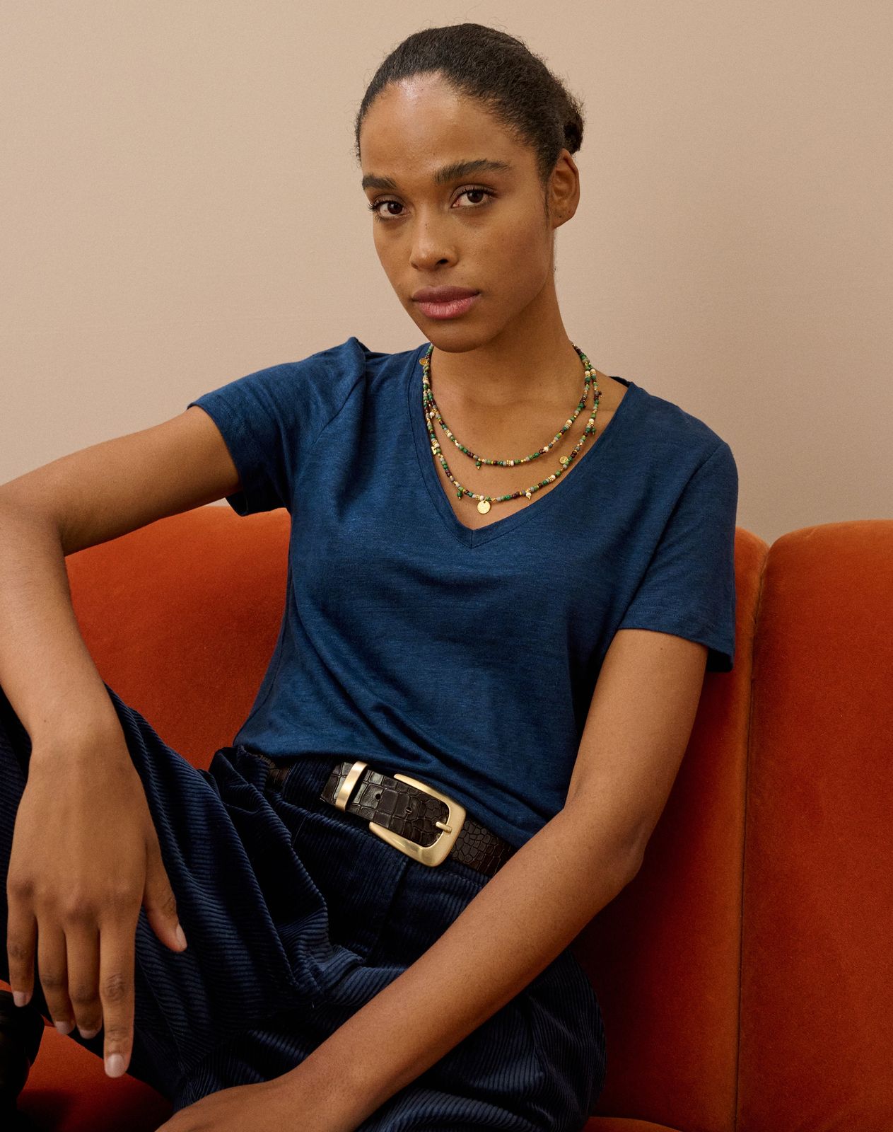 Linen Knit V Neck T-Shirt