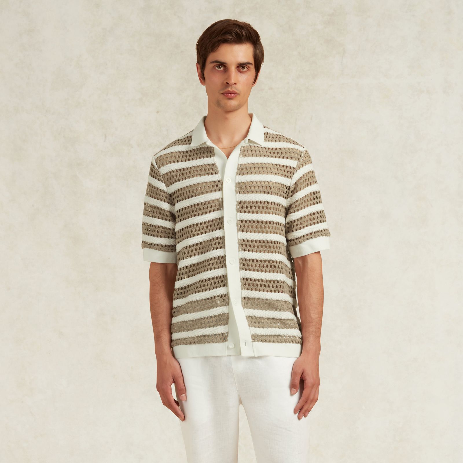 RAYAS STRIPED CROCHET POLO - BEIGE