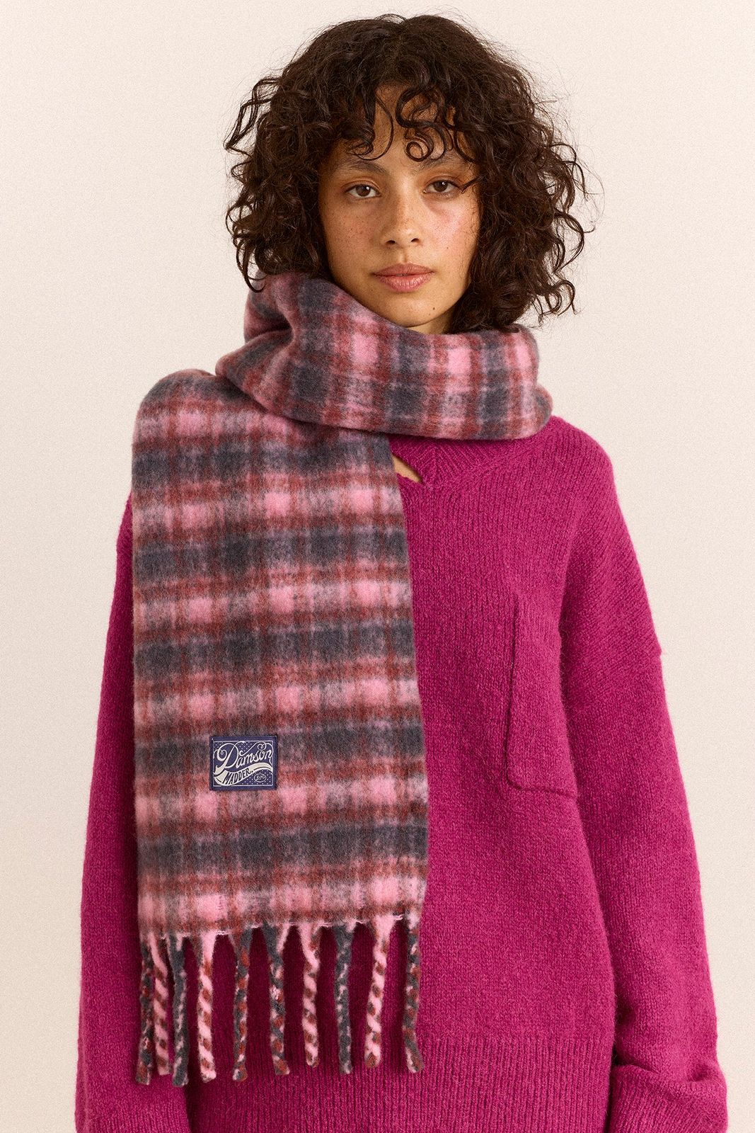 Brushed Fluffy Wool Blend Scarf - Magenta Check