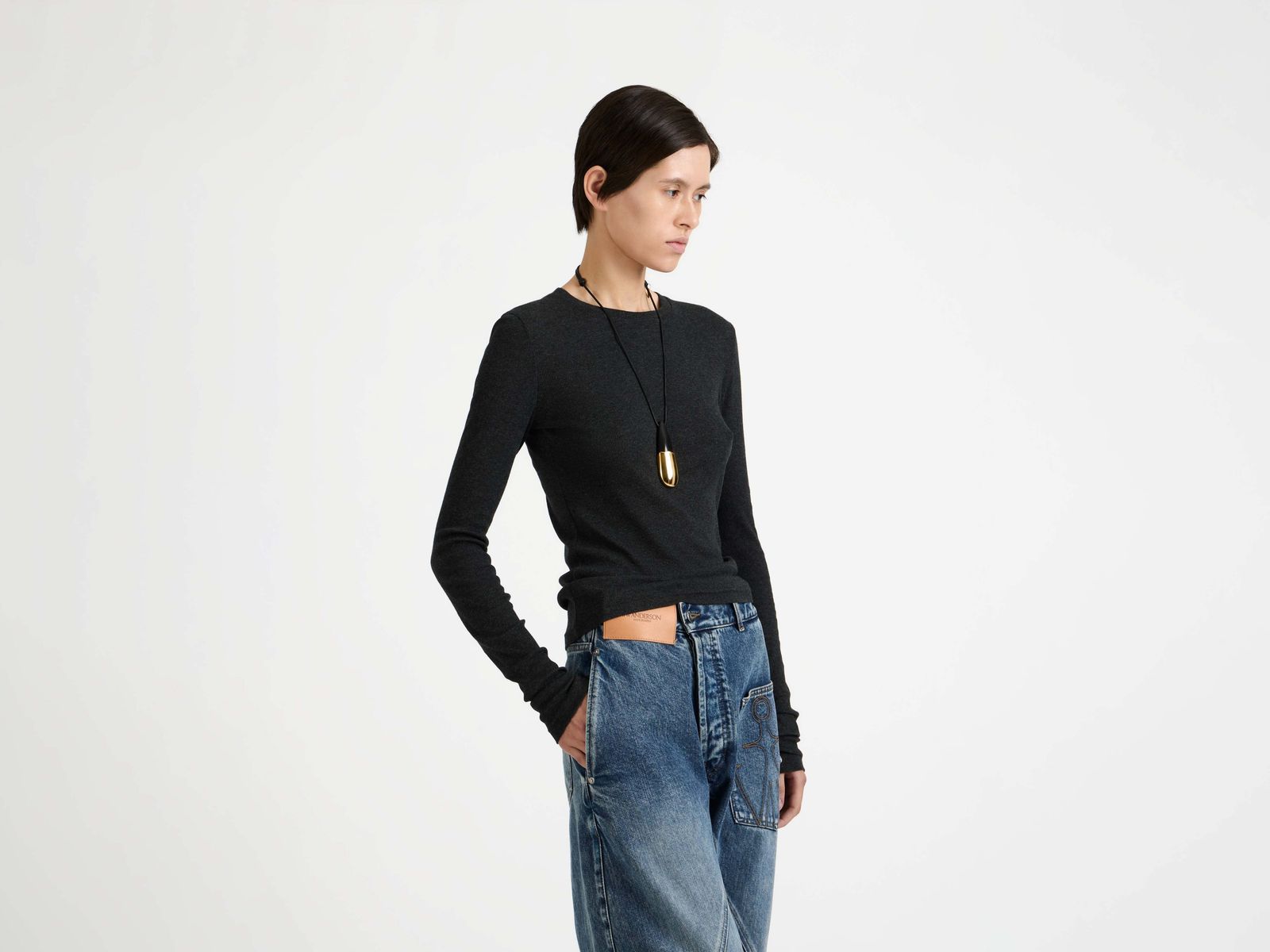 WOMENS LONG SLEEVE CREW NECKLINE TOP IN CHARCOAL MELANGE