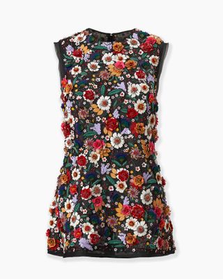 Multicolor Floral-Embroidered Organza Top