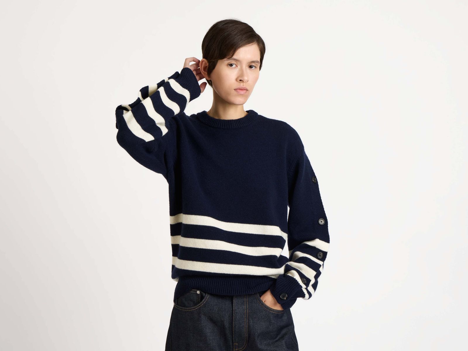 WOMENS BUTTONED SLEEVE BRETON JUMPER IN NAVY