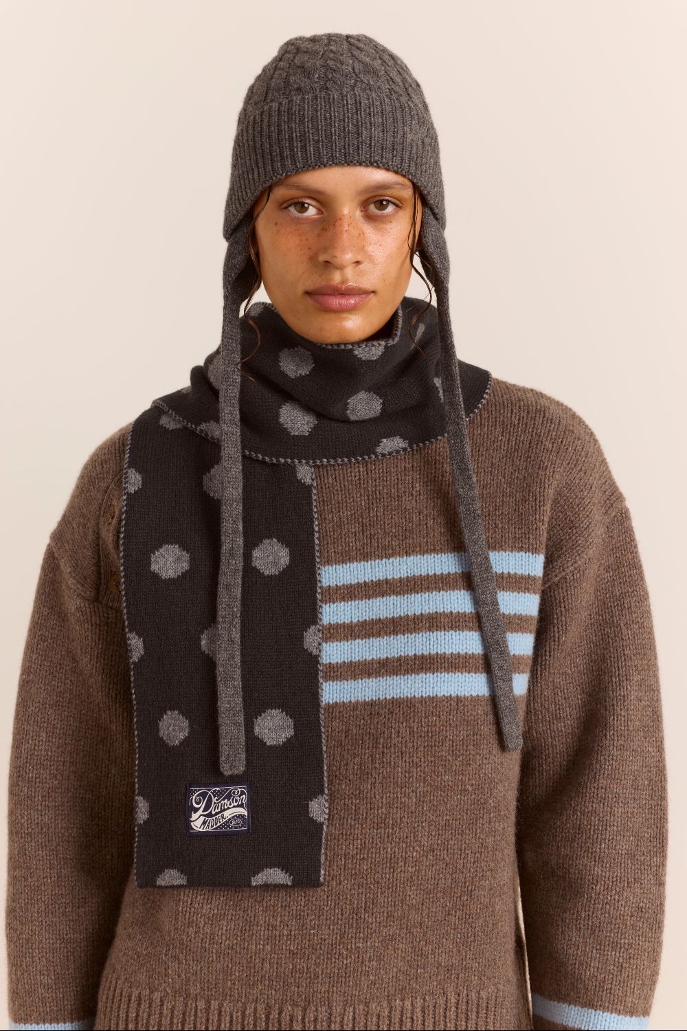 Cashmere / Wool Blend Mix Turn Up Tie Beanie - Charcoal