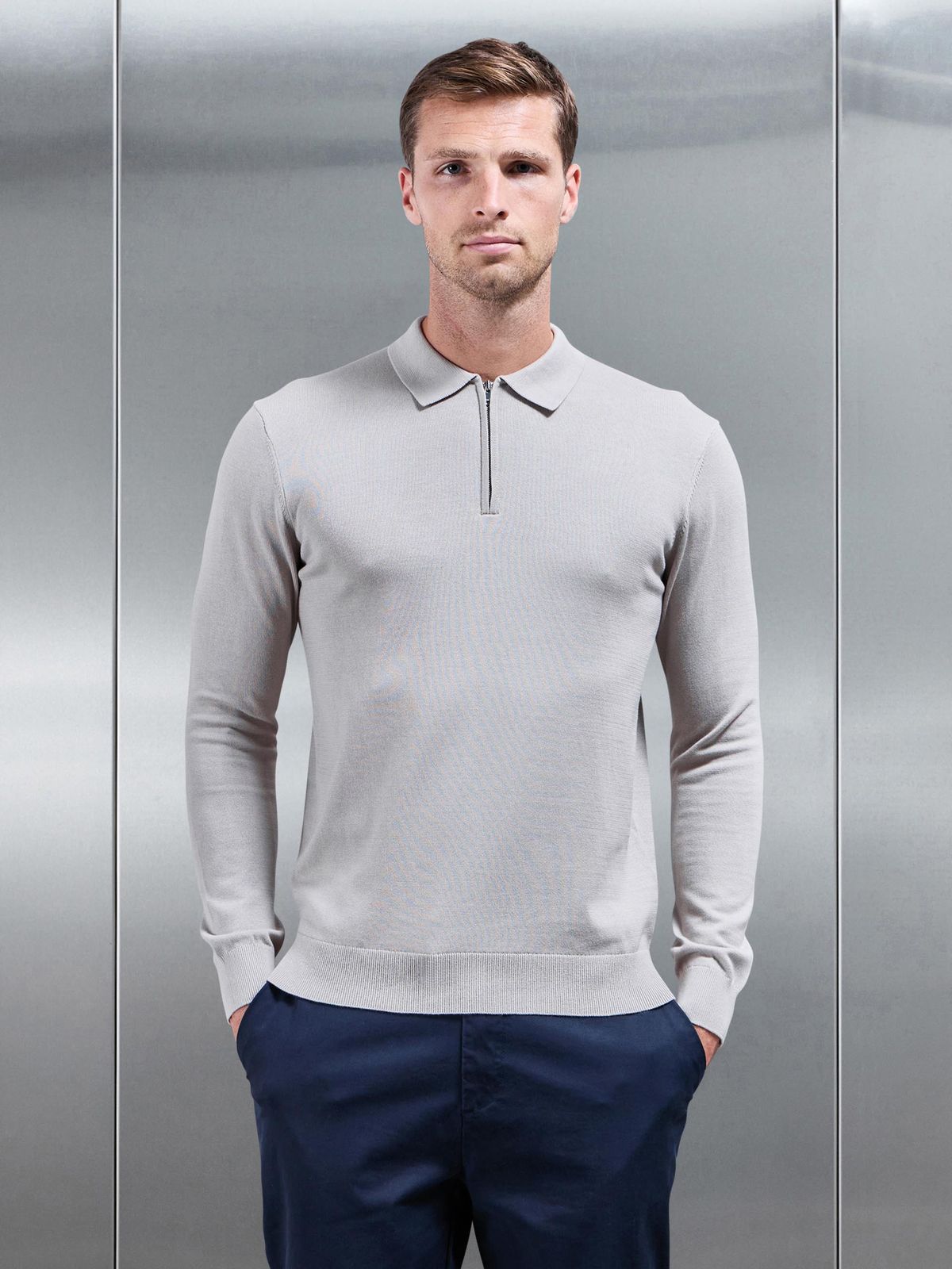 Cotton Knitted Long Sleeve Half Zip Polo Shirt in Stone