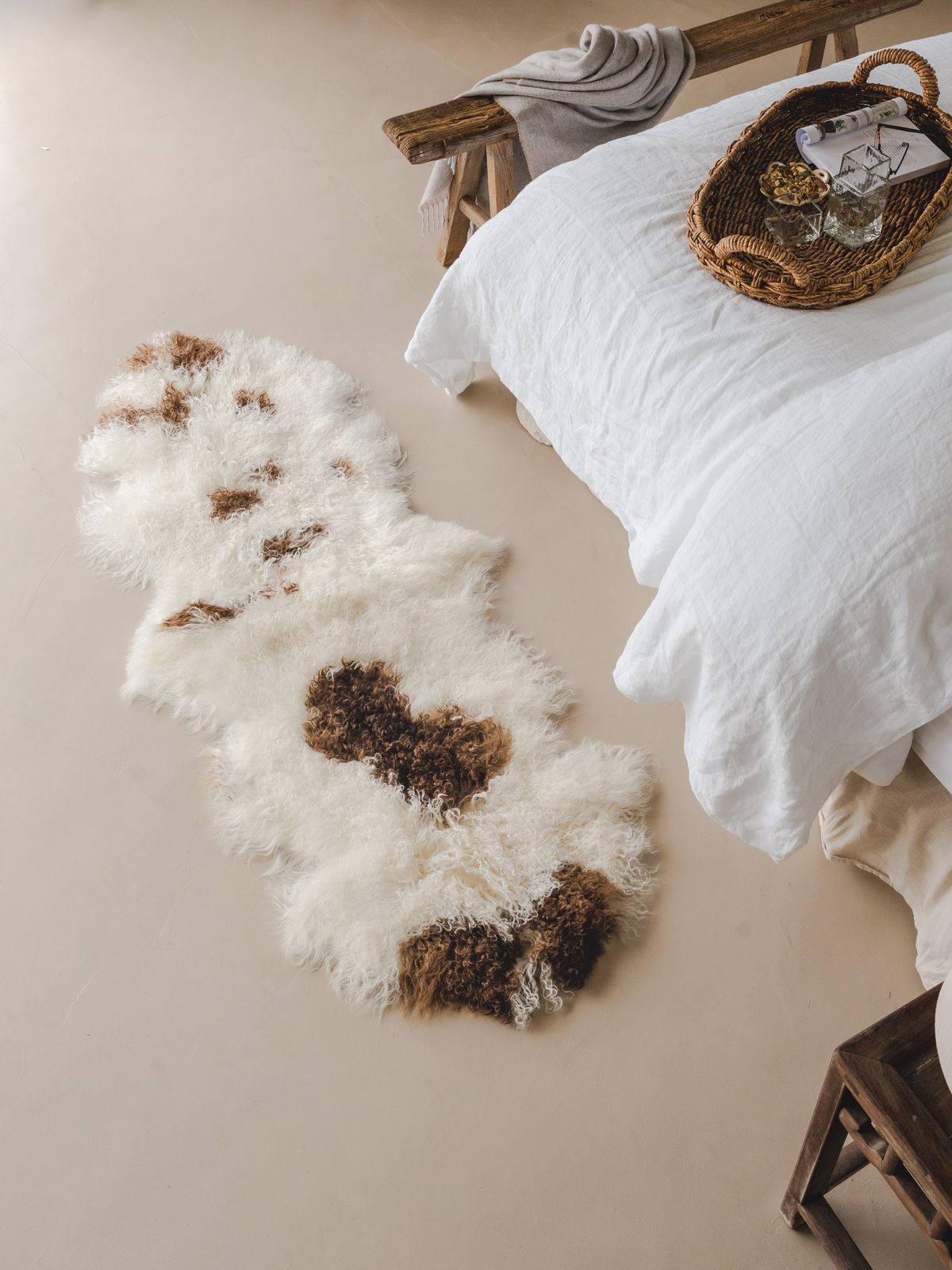 Double Tibetan Sheepskin Rug - White & Brown