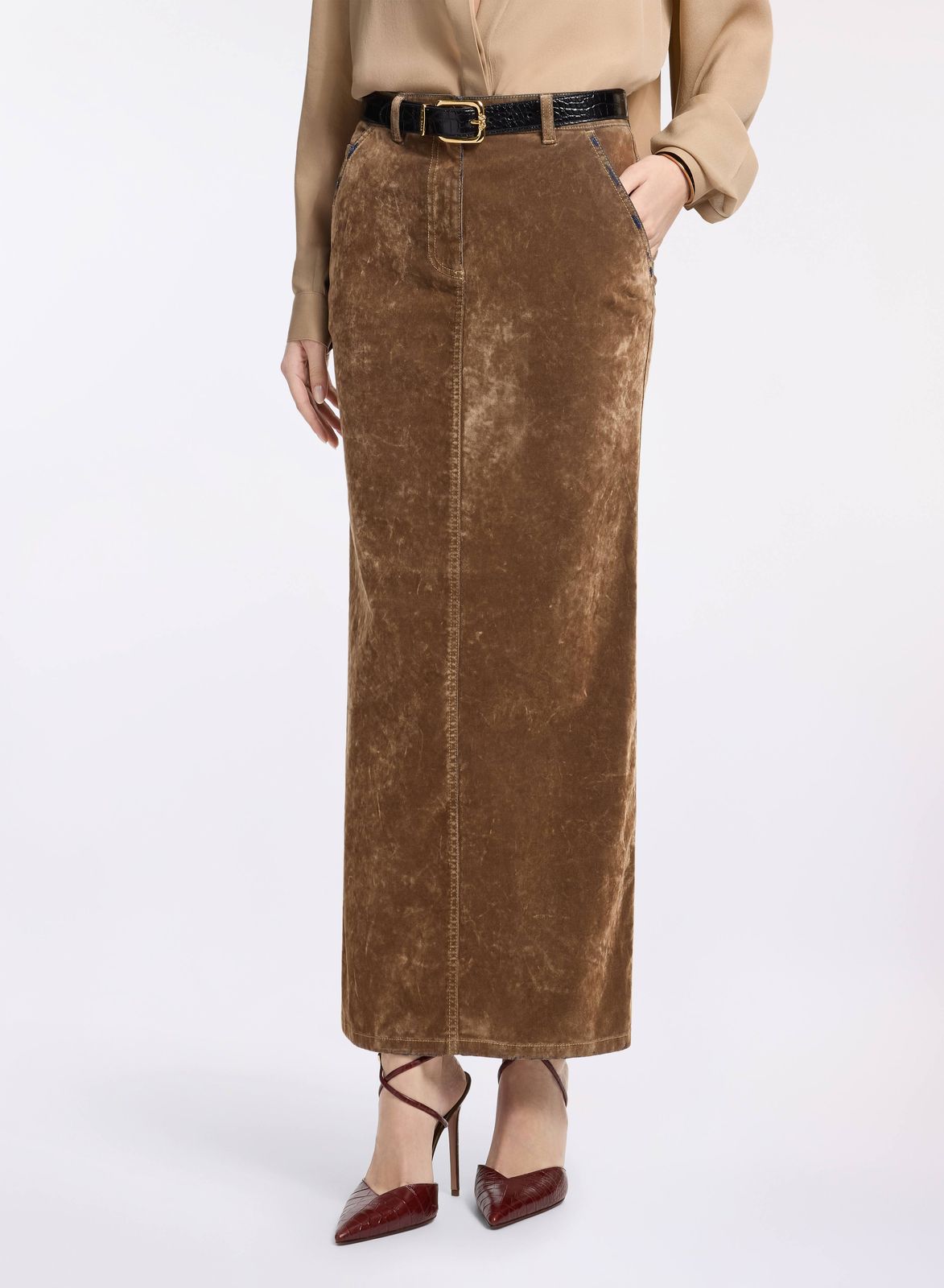 Flocked Denim Long Skirt