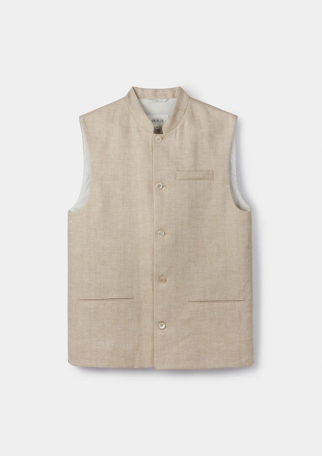 Sand Herringbone Linen Nehru Waistcoat
