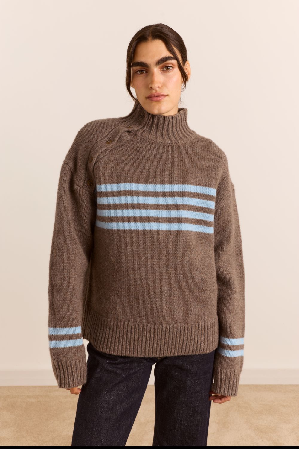 Tallulah High Neck Lambswool Jumper - Brown/Blue