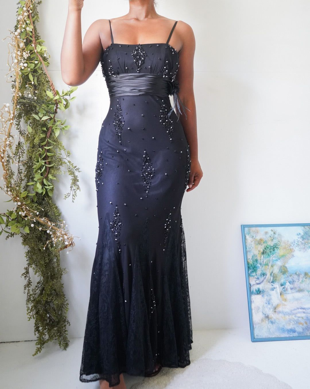 Vintage Y2K Black Silk Beaded Gown