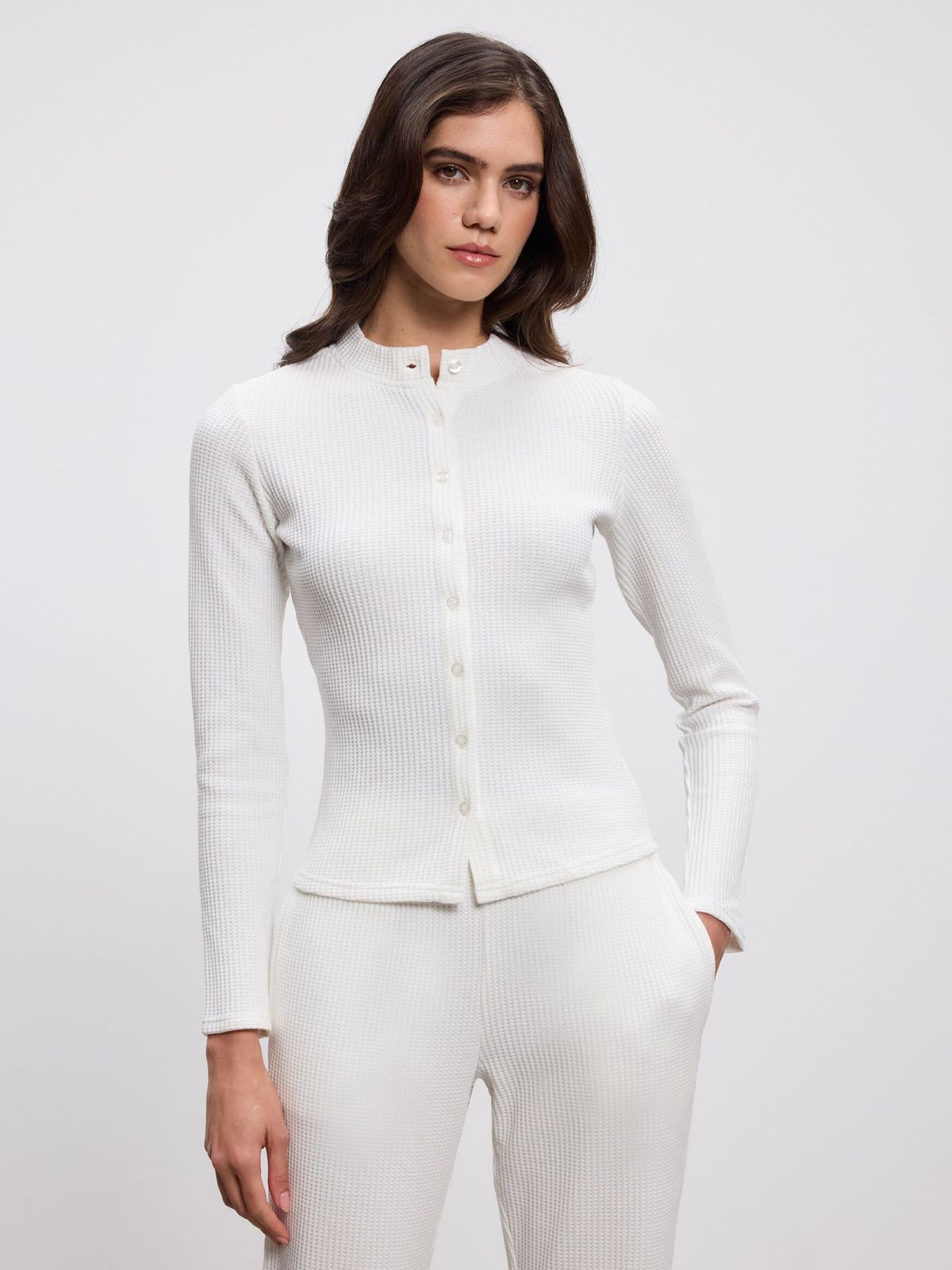 Womens Waffle Button Through Cardigan in Ecru
