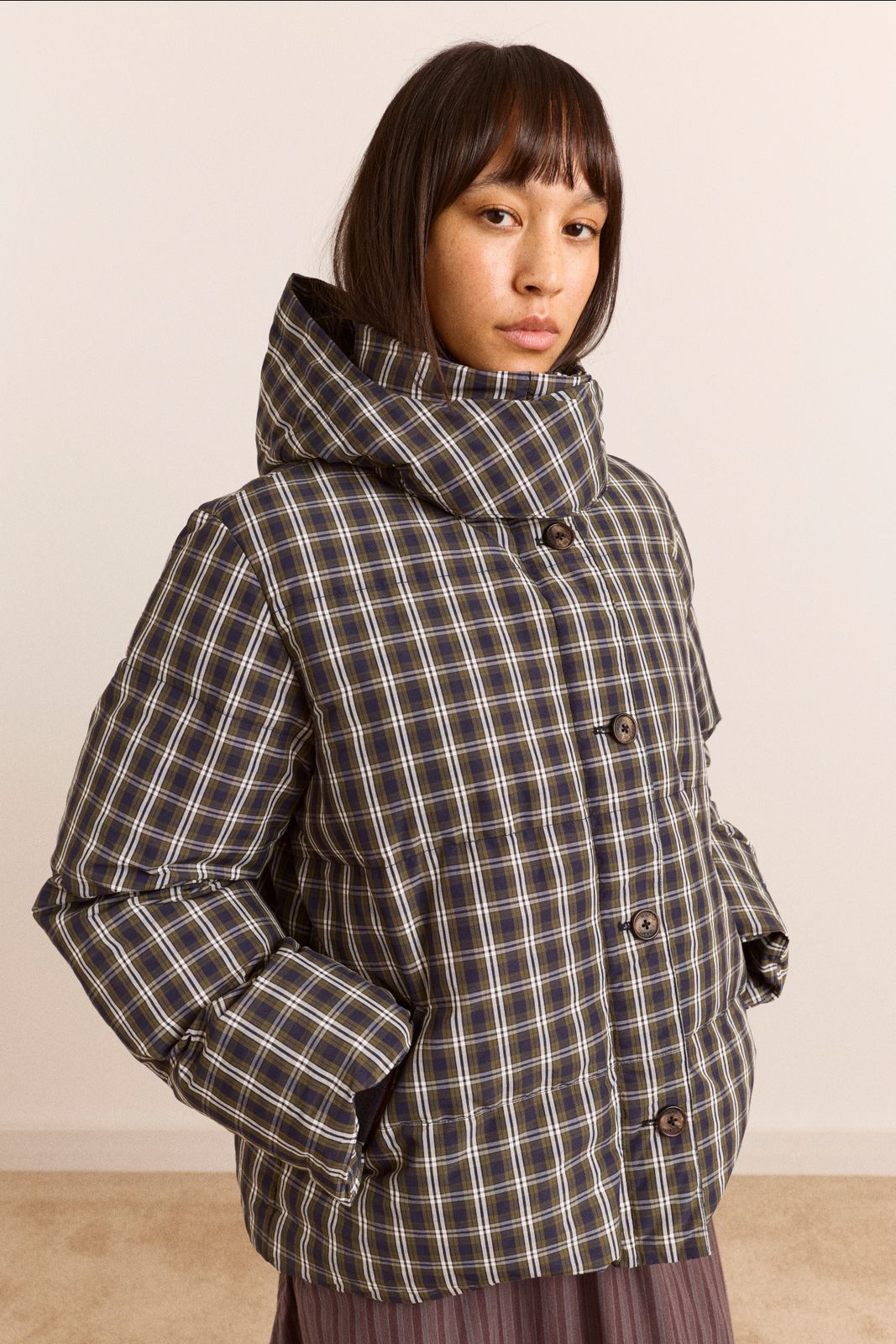 Pearl Hooded Puffer - Navy & Green Check