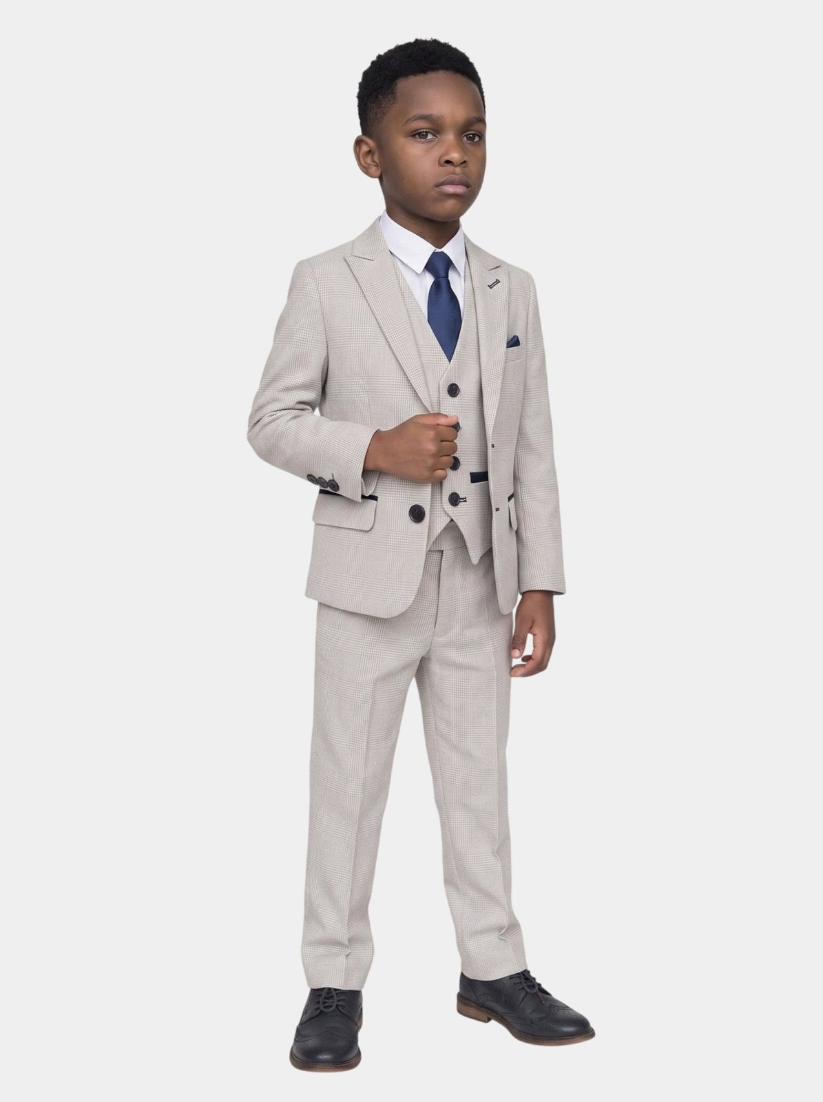 BROMLEY - Stone Check Print Three Piece Suit