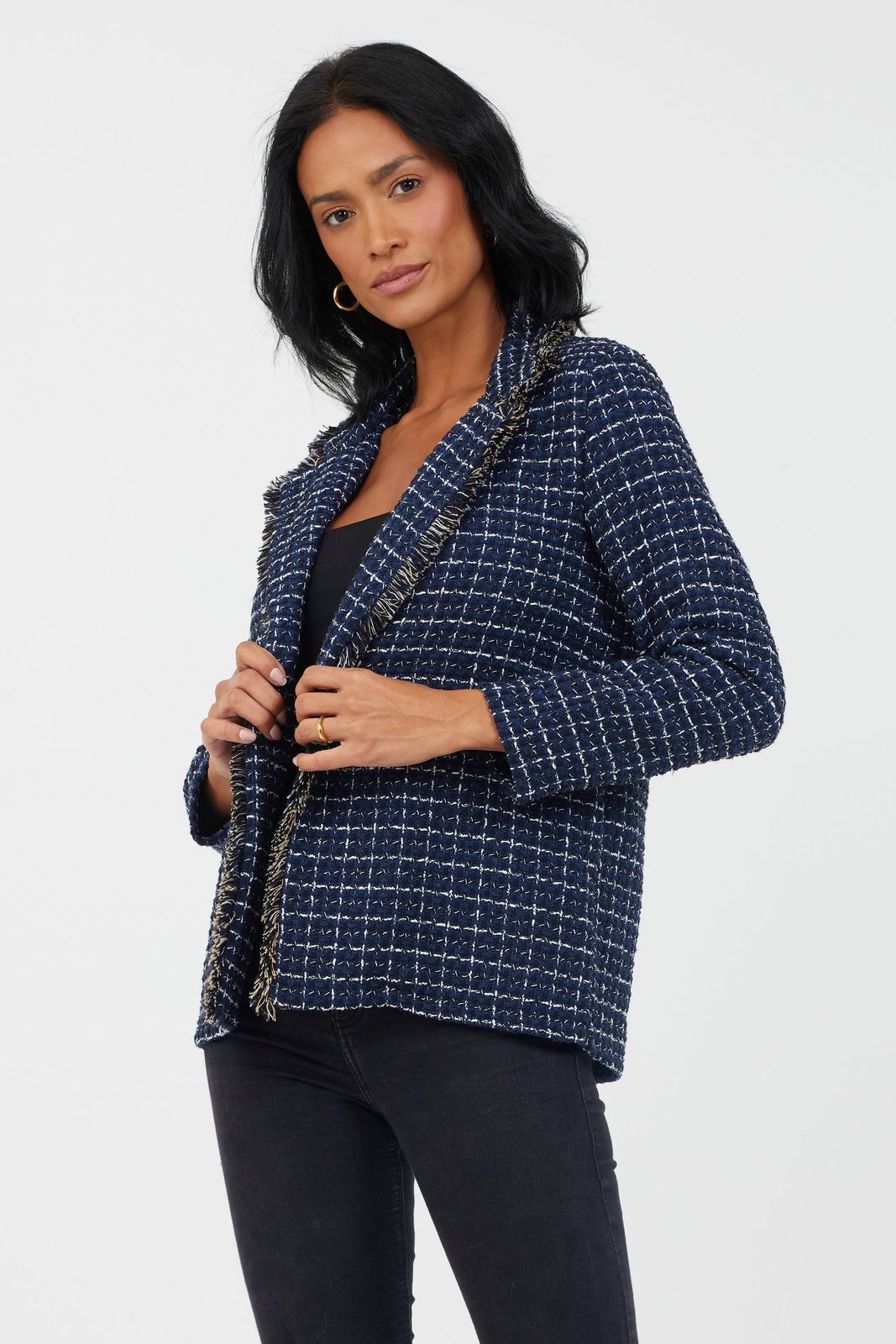 Jasmeena Frayed Trim Checked Blazer