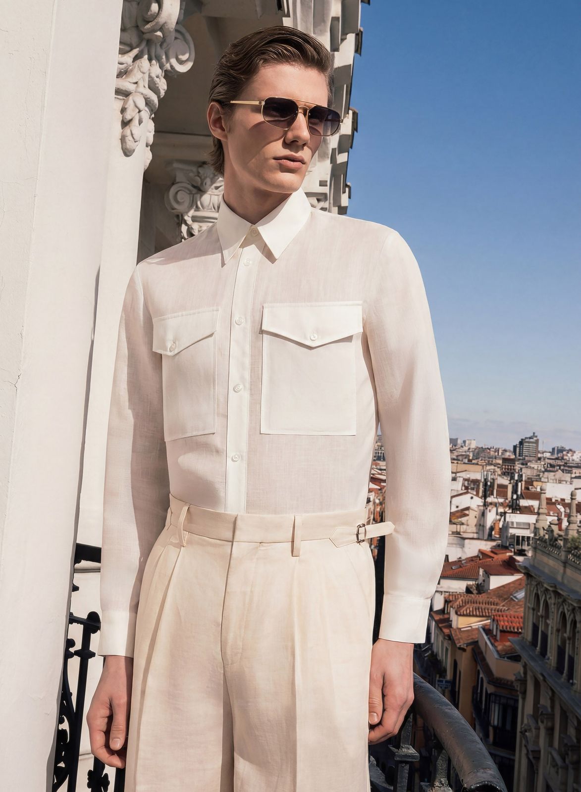 White Pure Linen Double Chest Pocket Shirt